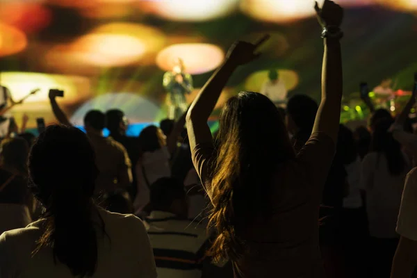 Menigte Genieten Van Concert Gelukkig Mensen Springen Grote Groep Vieren — Stockfoto