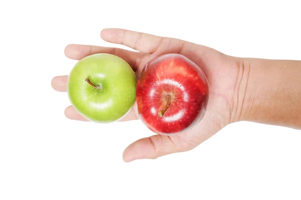 Ręka Trzyma Dojrzałe Jabłko Zielone Czerwone Wyciągniętą Ręką Białym Tle — Zdjęcie stockowe