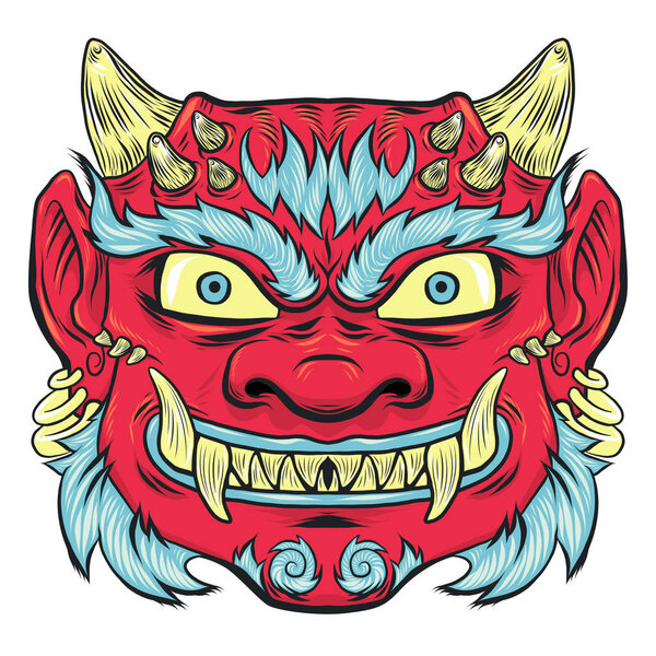Азиатская традиционная красная маска демона выделена на белом. Приз за дизайн футболки или поздравительную открытку

