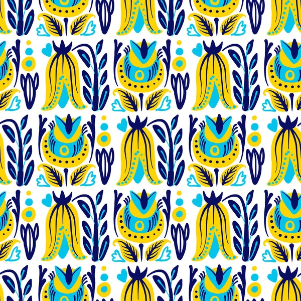 Patrón dibujado a mano con flores de verano y hierbas vintage Hohloma elementos florales. Amarillo azul sobre blanco — Vector de stock