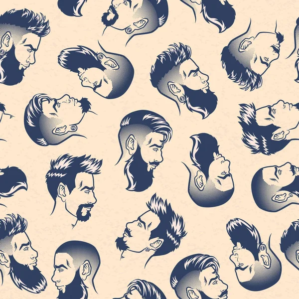 Patrón sin costura vectorial hombres barbudos cara perfil cabeza hipster con cortes de pelo, bigotes y barbas — Vector de stock