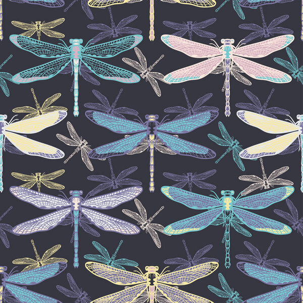 Hand drawn stylized dragonflies seamless pattern for girls, boys, clothes. Creative background with insect. Funny wallpaper for textile and fabric. Fashion style. Colorful bright