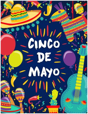 Cinco de Mayo vektör Poster Fiesta elemanları. Meksika öznitelikleri Sombreros, bir gitar, kaktüs ve dekorasyon. Vektör çizim