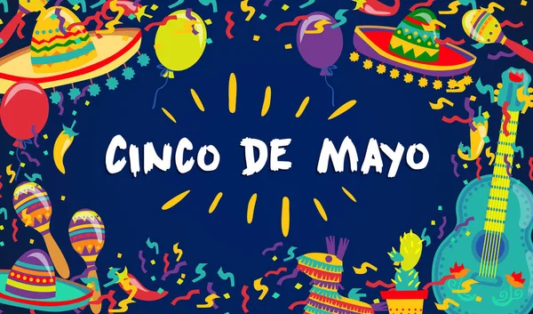 Cinco de Mayo vektör Poster Fiesta elemanları. Meksika öznitelikleri Sombreros, bir gitar, kaktüs ve dekorasyon. Vektör çizim