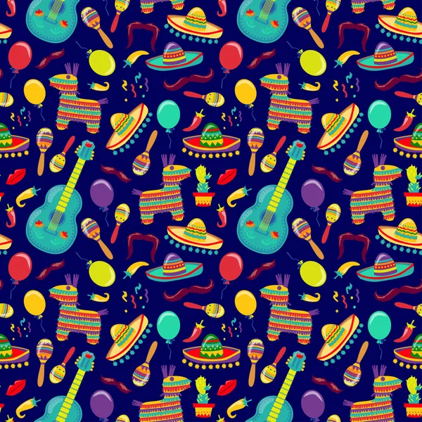 Cinco de Mayo Vector Seamles Pattern con elementi di festa. Attributi messicani Sombreros, una chitarra, cactus e decorazione. Illustrazione vettoriale — Vettoriale Stock