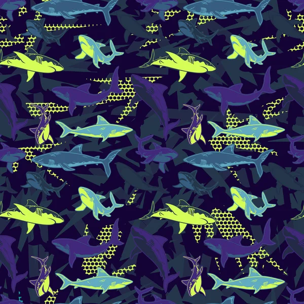 Abstract seamless vector pattern for girls, boys, clothes. Creative background with sharks. Funny wallpaper for textile and fabric. Fashion style. Colorful bright — Stock Vector