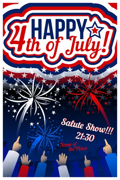 ABD Bağımsızlık Günü Havai fişek kümesiyle afiş. Amerikan gün. Parlak Poster — Stok Vektör
