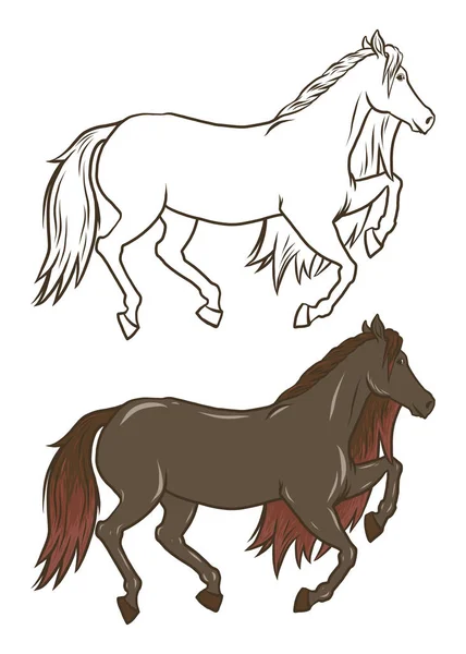 Vector- en Drawn doodle paard. Kleuren kaart en shirt art voor meisje geïsoleerd op wit. overzicht en kleur — Stockvector