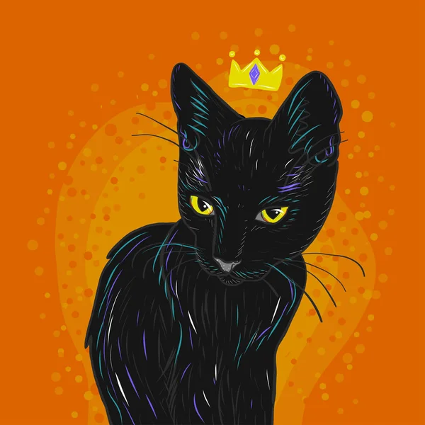Черный кот с короной на оранжевом фоне — стоковый вектор