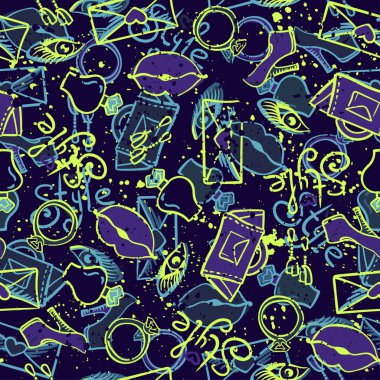 Soyut sorunsuz vektör desen kızlar elbise için. Yaratıcı arka plan ayakkabılar, ruj, parfüm, dudakları ile. Tekstil ve kumaş için komik duvar kağıdı. Moda stil. Renkli parlak