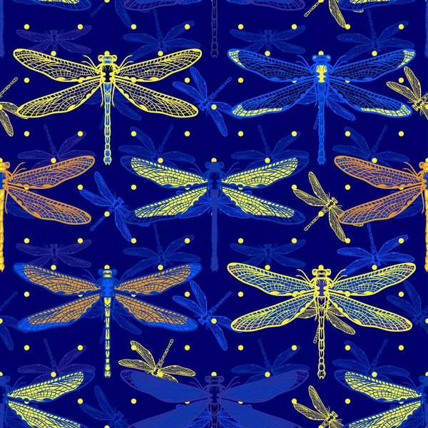 Modèle sans couture de libellules stylisées dessinées à la main pour les filles, les garçons, les vêtements. Fond créatif avec insecte. Fond d'écran drôle pour le textile et le tissu. Style mode. Coloré lumineux — Image vectorielle