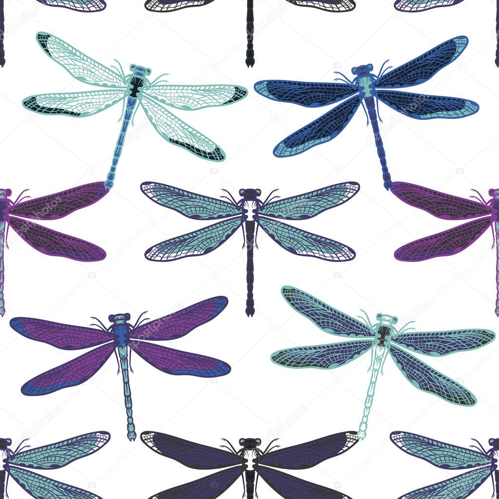 Hand drawn stylized dragonflies seamless pattern for girls, boys, clothes. Creative background with insect. Funny wallpaper for textile and fabric. Fashion style. Colorful bright