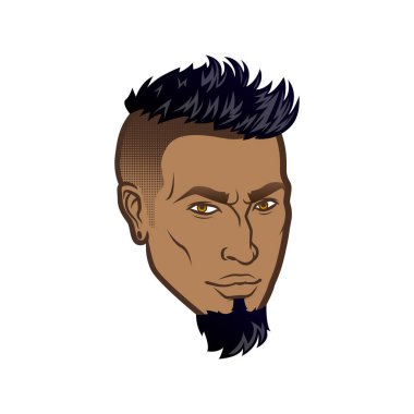 Vektör erkek yüzü koyu tenli profil hipster kafa saç kesimi, bıyık ve sakal ile sakallı. Silüetler veya avatarlar, amblem ve simgeler, Etiketler için