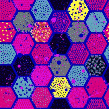 Kızlar, erkekler için giyim için soyut sorunsuz vektör desen. Altı yüzlü, Tekstil ve kumaş için geometrik figürler altıgen komik duvar kağıdı ile yaratıcı arka plan. Moda stil. Renkli parlak