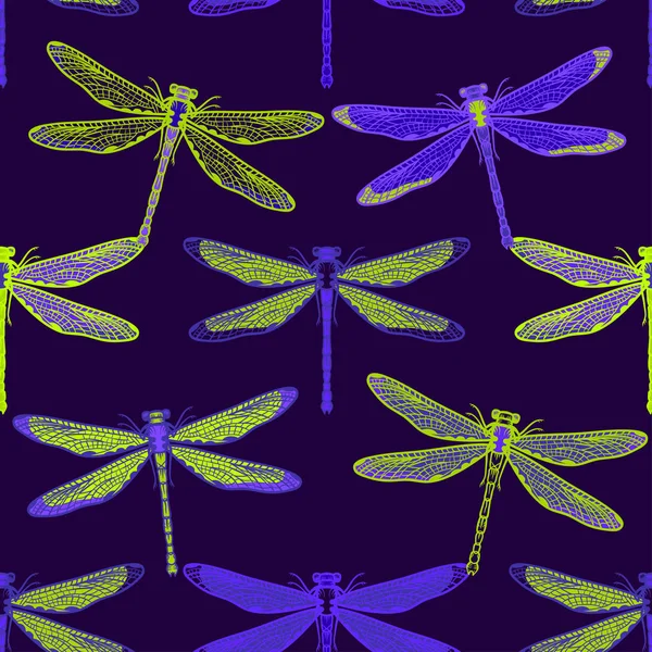 Dibujado a mano libélulas estilizadas patrón sin costura para niñas, niños, ropa. Fondo creativo con insecto. Fondo de pantalla divertido para textil y tela. Estilo de moda. Colorido brillante — Vector de stock