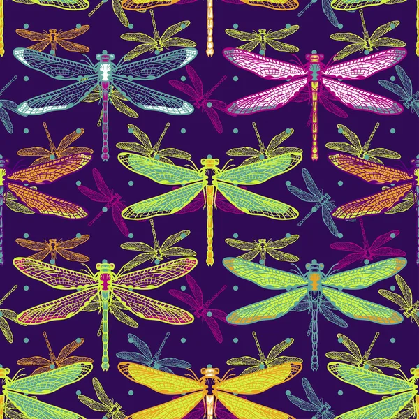 Modèle sans couture de libellules stylisées dessinées à la main pour les filles, les garçons, les vêtements. Fond créatif avec insecte. Fond d'écran drôle pour le textile et le tissu. Style mode. Coloré lumineux — Image vectorielle