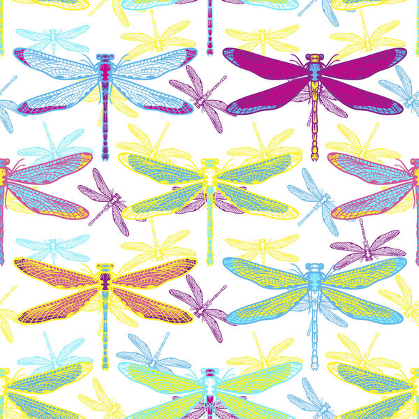 Hand drawn stylized dragonflies seamless pattern for girls, boys, clothes. Creative background with insect. Funny wallpaper for textile and fabric. Fashion style. Colorful bright