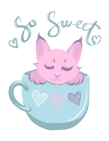Симпатичный кот в чашке цветной векторной иллюстрации. Розовая кошечка с надписью от руки. Девочка-кошка с большими глазами и лапами на цветном фоне. Шаблон поздравительной открытки для владельцев кошек — стоковый вектор