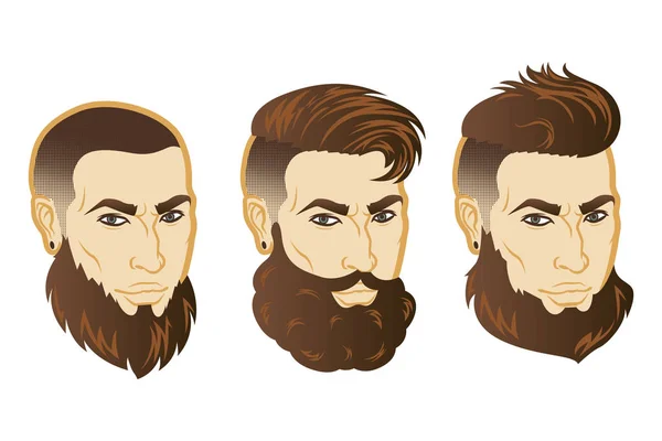Vektör erkekler yüz hipster baş saç kesimi ile ayarlayın. Avatarlar, amblem ve simgeler için etiketleri — Stok Vektör