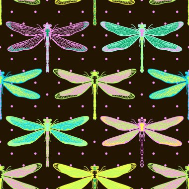 Kızlar, erkekler için giyim için el çekilmiş stilize yusufçuk seamless modeli. Böcek ile yaratıcı arka plan. Tekstil ve kumaş için komik duvar kağıdı. Moda stil. Renkli parlak