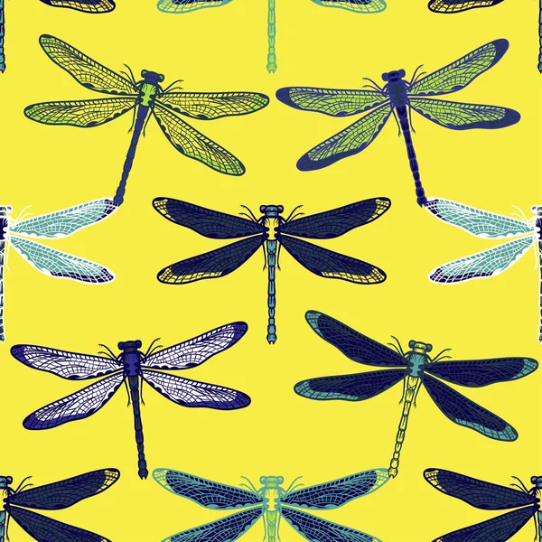 Handgezeichnete stilisierte Libellen nahtlose Muster für Mädchen, Jungen, Kleidung. Kreativer Hintergrund mit Insekten. lustige Tapete für Textil und Stoff. Mode-Stil. Bunt leuchtend — Stockvektor