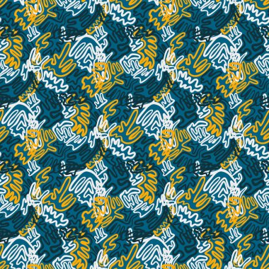 Soyut doodle ve boho tarzı el sanatları kumaş deseni için kızlar, erkekler için giysi. Giyim ve tekstil arka plan, halı veya duvar kağıdı için geleneksel etnik tasarım. Moda stil. Renkli parlak