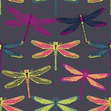 Kızlar, erkekler için giyim için el çekilmiş stilize yusufçuk seamless modeli. Böcek ile yaratıcı arka plan. Tekstil ve kumaş için komik duvar kağıdı. Moda stil. Renkli parlak