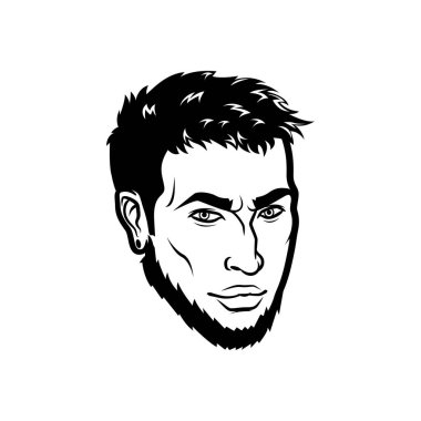 Vektör erkekler yüz hipster kafa saç kesimi, bıyık ve sakal sakallı. Silüetler veya avatarlar, amblem ve simgeler, Etiketler için