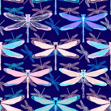 Kızlar, erkekler için giyim için el çekilmiş stilize yusufçuk seamless modeli. Böcek ile yaratıcı arka plan. Tekstil ve kumaş için komik duvar kağıdı. Moda stil. Renkli parlak