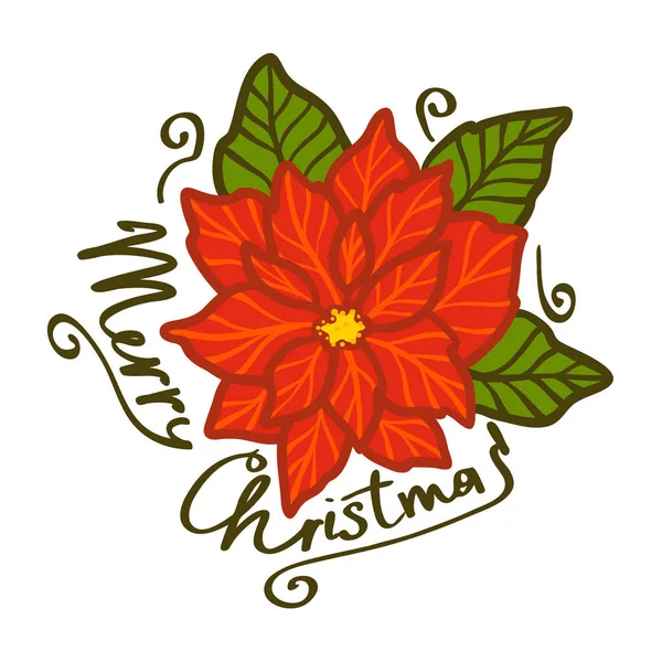 Písma textu Veselé Vánoce s emblémem červená Poinsettie. Vektorová design použitelné pro nápisy, pozdrav karty dárky, atd. — Stockový vektor