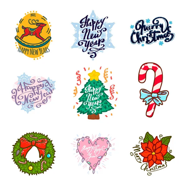 Gran conjunto de letras Feliz Navidad y Feliz Año Nuevo emblemas tipográficos. Diseño vectorial Utilizable para pancartas, tarjetas de felicitación, regalos, etc. . — Vector de stock
