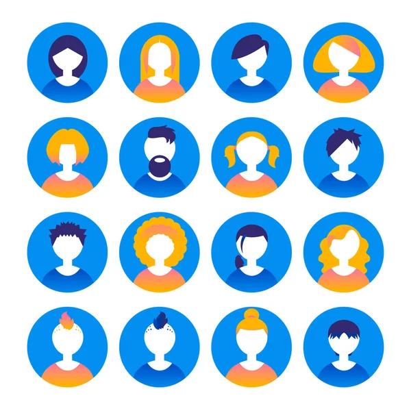 16 Avatares, mujeres y hombres con diferentes cabezales de peinado en estilo plano. Ilustración vectorial en el círculo. Negocios estilo gradiente personas — Vector de stock