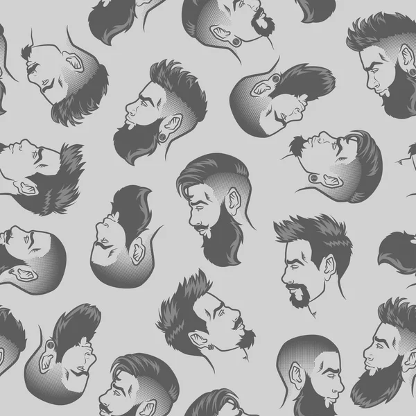 Patrón sin costura vectorial con hombres barbudos cara cabeza hipster con cortes de pelo, bigotes y barbas. Para el diseño de barbería — Vector de stock
