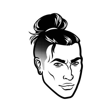 Vektör erkekler hipster kafa saç kesimi ile karşı karşıya. Avatarlar, amblem ve simgeler için etiketleri