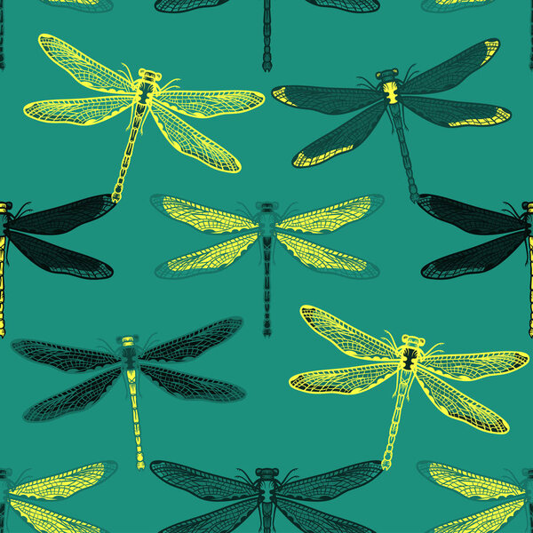Hand drawn stylized dragonflies seamless pattern for girls, boys, clothes. Creative background with insect. Funny wallpaper for textile and fabric. Fashion style. Colorful bright.