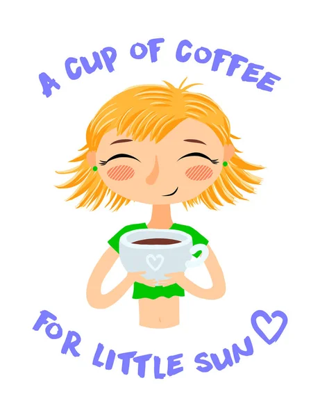 Mão desenhada linda menina bonito com xícara de café em suas mãos. Camisa imprimir Design — Vetor de Stock