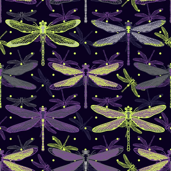 Dibujado a mano libélulas estilizadas patrón sin costura para niñas, niños, ropa. Fondo creativo con insecto. Fondo de pantalla divertido para textil y tela. Estilo de moda. Colorido brillante — Vector de stock