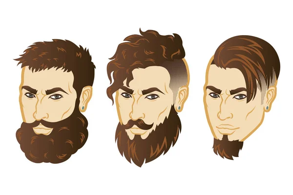 Vektör erkekler yüz hipster baş saç kesimi ile ayarlayın. Avatarlar, amblem ve simgeler için etiketleri — Stok Vektör