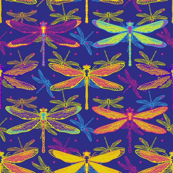 Dibujado a mano libélulas estilizadas patrón sin costura para niñas, niños, ropa. Fondo creativo con insecto. Fondo de pantalla divertido para textil y tela. Estilo de moda. Colorido brillante — Vector de stock