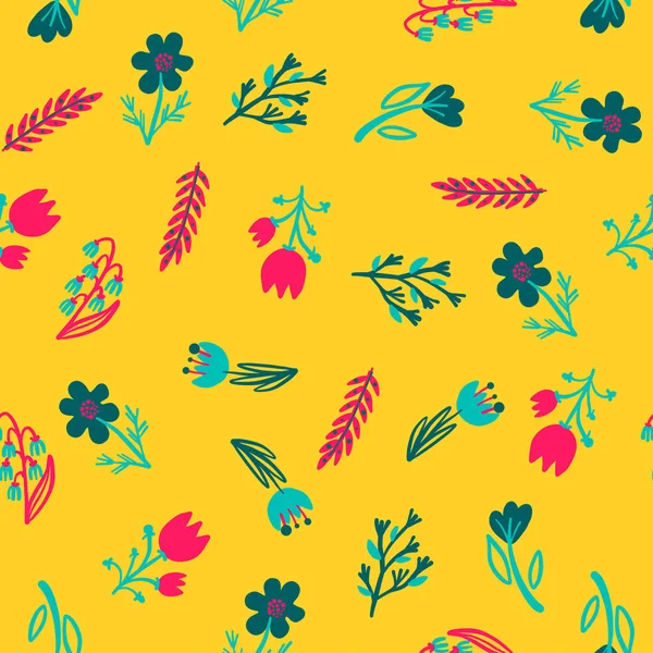 Рука гужовий візерунок з літніх квітів і трав vintage Hohloma квітковими елементами. Синій жовтий на білому — стоковий вектор