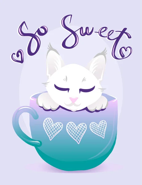 Lindo gato en taza ilustración vector de color azul. Gatito blanco con letras de purpurina manuscritas. Gato de niña con ojos grandes y patas sobre fondo de color. Plantilla de tarjeta de felicitación para propietarios de gatos — Archivo Imágenes Vectoriales