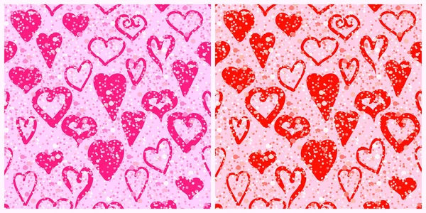 Dia dos Namorados vetor padrões sem costura com corações rosa e vermelho. Tema romântico amor desenhado à mão. Fundo encantador festivo. Repetir design para decoração —  Vetores de Stock