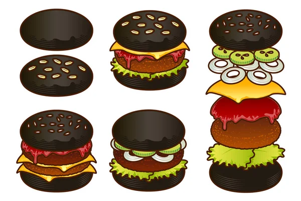 Черный бургер и набор пищевых иконок. Мультипликационный набор гамбургеров для веб-дизайна, меню, игры — стоковый вектор