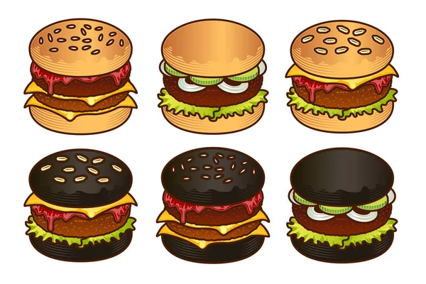Черно-белый набор для бургеров. Набор гамбургеров для веб-дизайна, меню, игры — стоковый вектор