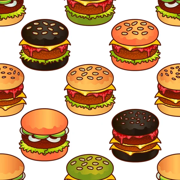 Food seamless vector pattern with burger for girls, boys, clothes. Creative background. Funny wallpaper for textile and fabric. Fashion style — Stock Vector