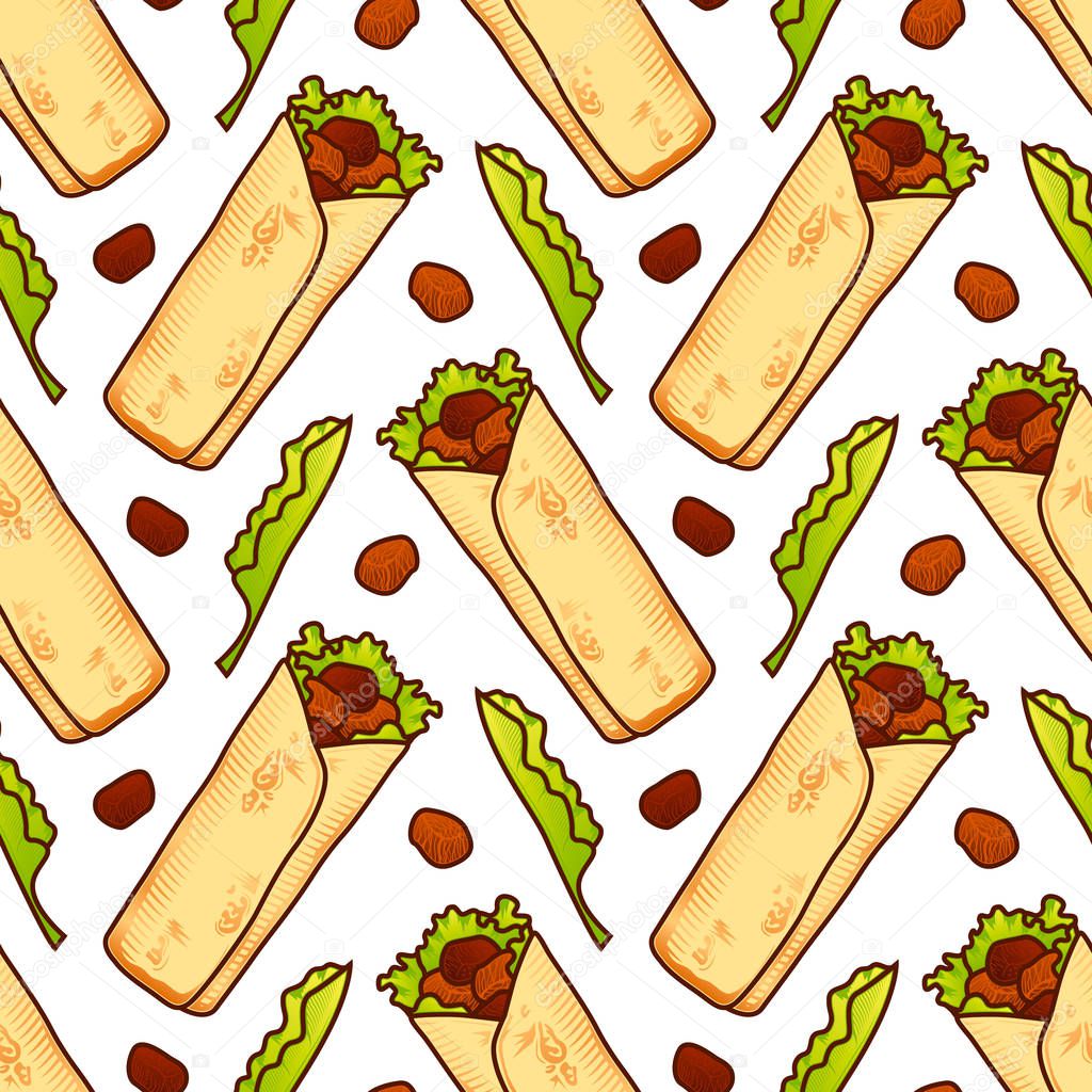 Food seamless vector pattern with Mexican or Arabic Fast Food Shaverma Kebab for girls, boys, clothes. Creative shaurma background. Funny wallpaper for textile and fabric. Fashion style