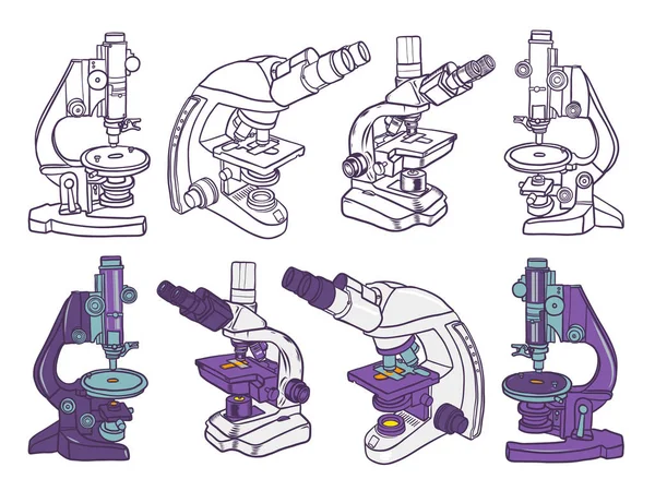 Ensemble d'icônes de microscope Éléments scientifiques. Illustration couleur dessinée à la main et contour de l'icône vectorielle du microscope pour la conception Web. Isolé sur fond blanc — Image vectorielle