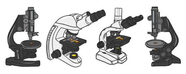 Набір значків мікроскопа Наукові елементи. Ручна намальована кольорова ілюстрація піктограми мікроскопа для веб-дизайну. Ізольовано на білому тлі — стоковий вектор