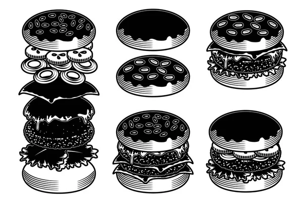 Hamburger en element voedsel pictogramserie. Cartoon hand loting set van Hamburger element voedsel iconen voor webdesign, menu, spel — Stockvector