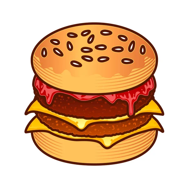 Burger-Ikone. Cartoon Hand Draw Illustration von Burger für Web-Design, Menü, Spiel isoliert auf weiß — Stockvektor
